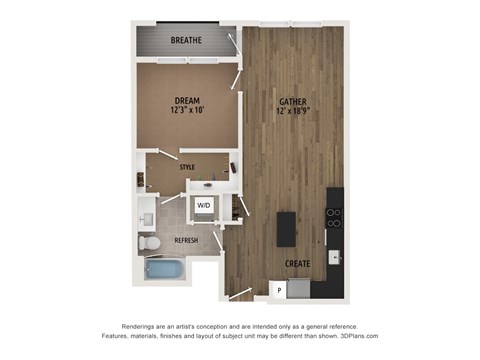 Floor plan for 1 bed, 1 bath, 701 sqft